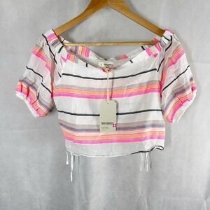 Lemlem by Liya Kebede Cotton Gauze Striped Off Shoulder Crop Top Size Medium